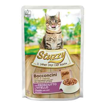 STUZZY CAT BOCCONCINI JELLY PROSCIUTTO/VITELLO BUSTA 85GR