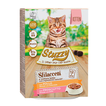 STUZZY CAT SFILACCETTI KITTEN POLLO PROSCIUTTO BUSTE 12X85GR