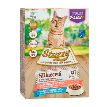 STUZZY CAT SFILACCETTI STERILIZED MERLUZZO BUSTE 12X85GR 