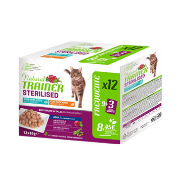 NATURAL TRAINER Cat MULTIPACK Sterilized Tacchino Merluzzo 12*85GR